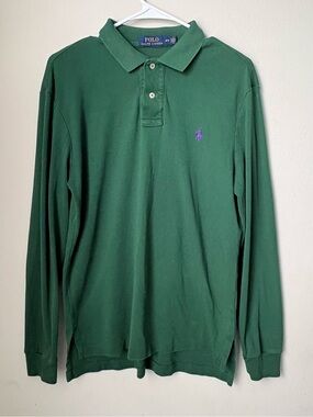 Polo Ralph Lauren Green Long Sleeve Polo Shirt Purple Pony Mens M